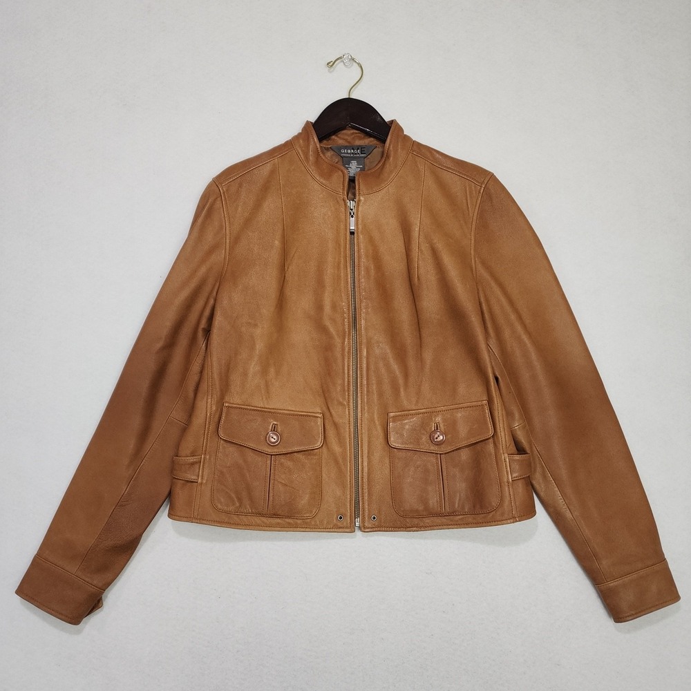 George Me By Mark Eisen Jacket Womens L 12/14 Brown Genuine Leather Full Zip